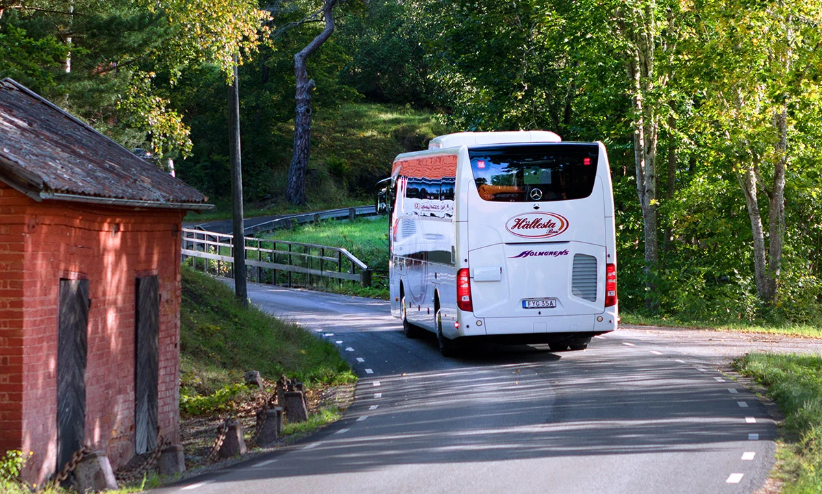 Buss åker på väg genom skog